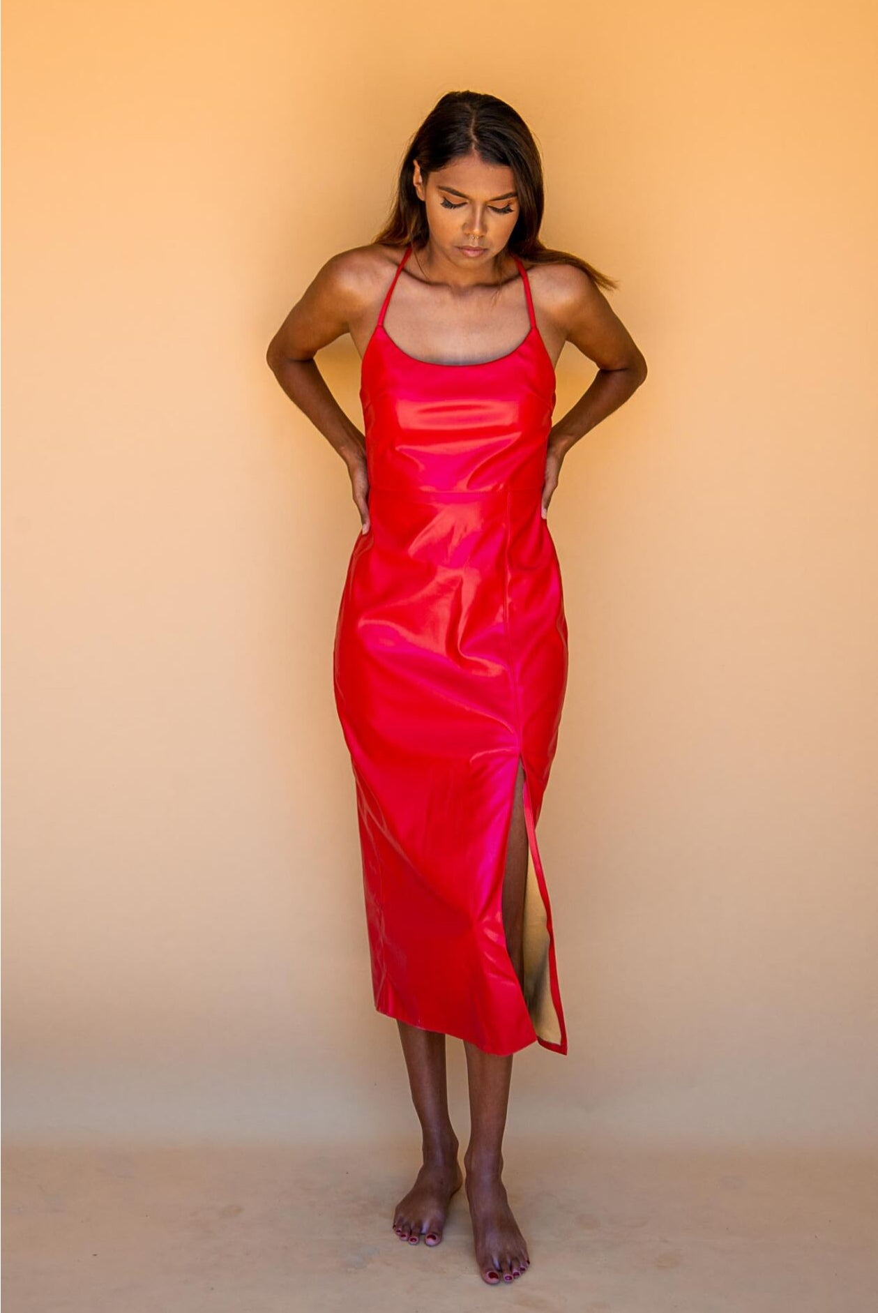 Leather Underwear-style Long Split Zipper Dress.