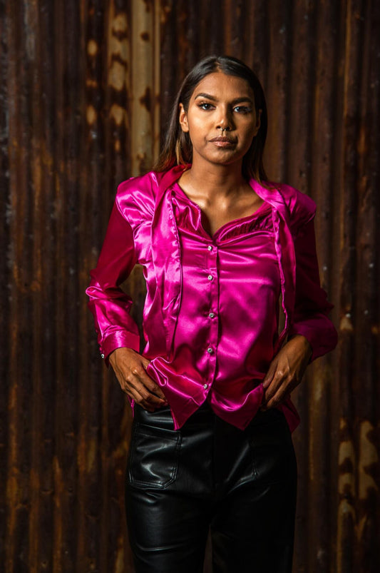 Silk Satin Texture Bow Round Neck Hollow Ladies Shirt.