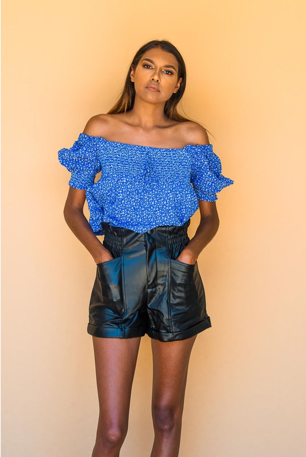 Square Collar Short Sleeve Lace Up Shirt.