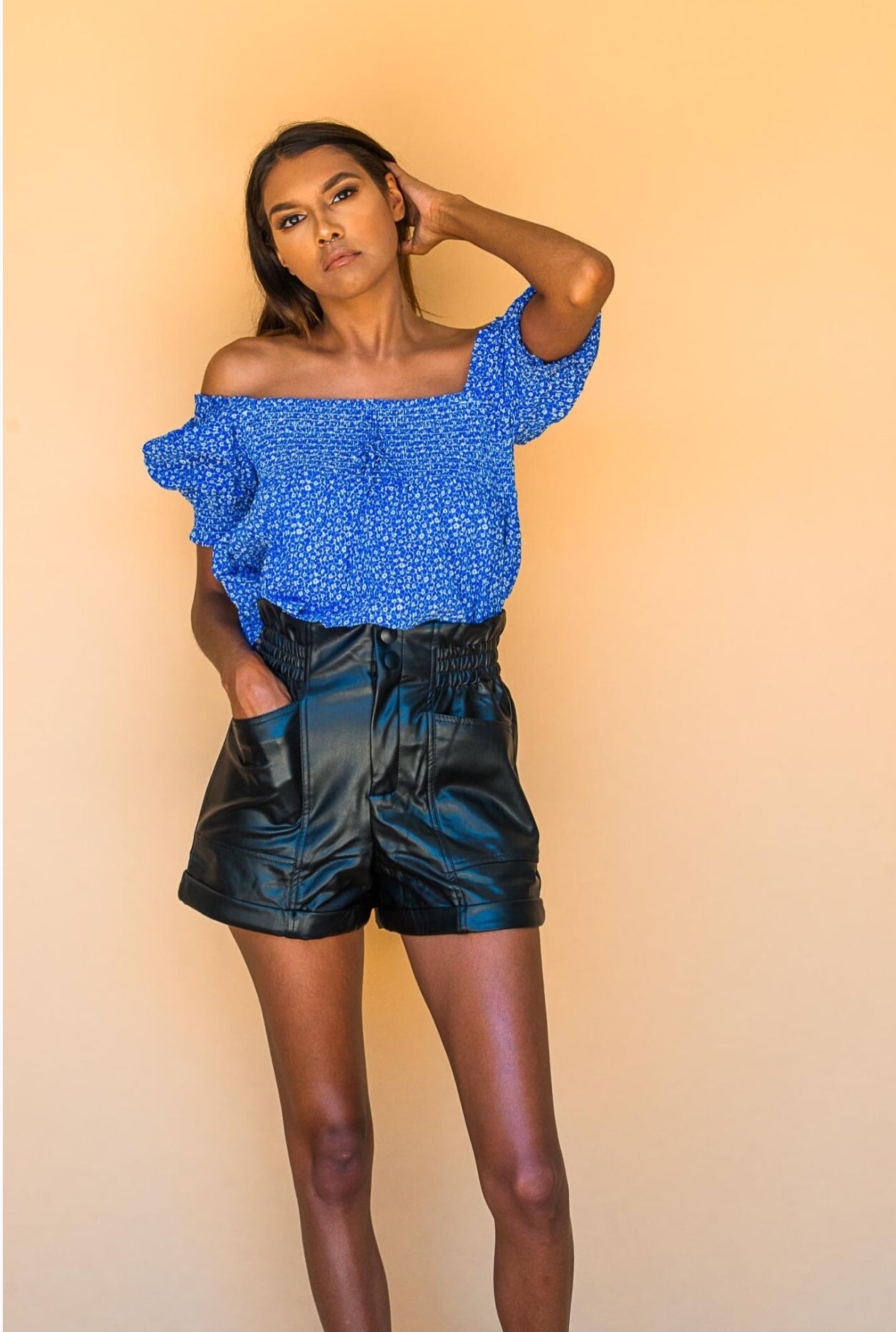 Square Collar Short Sleeve Lace Up Shirt.