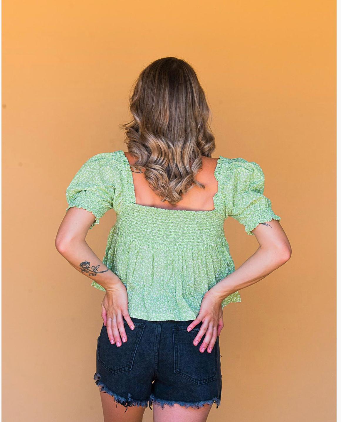 Square Collar Short Sleeve Lace Up Shirt.
